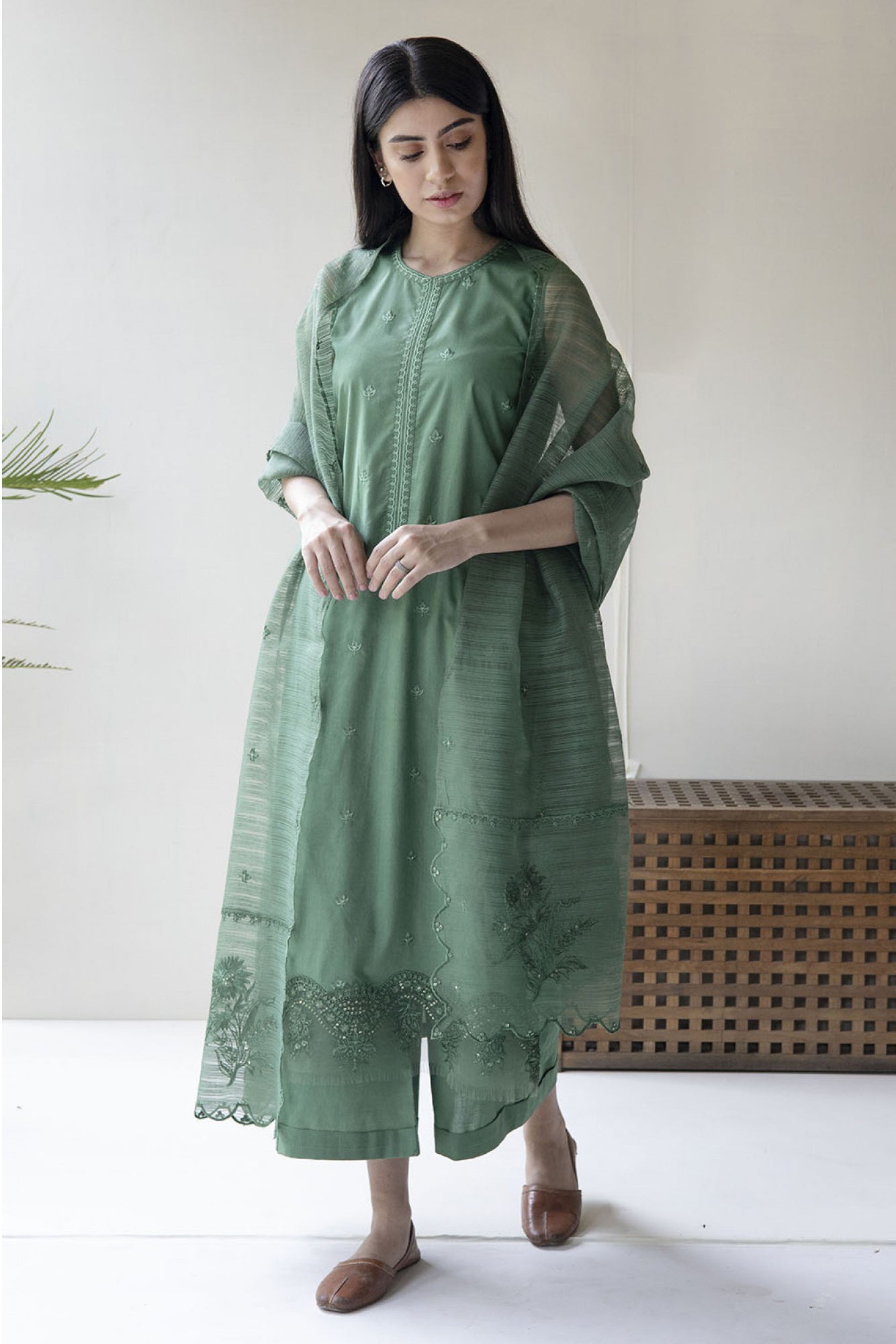 Dyot - 3PC Lawn Embroidered Shirt With Organza Embroidered Dupatta