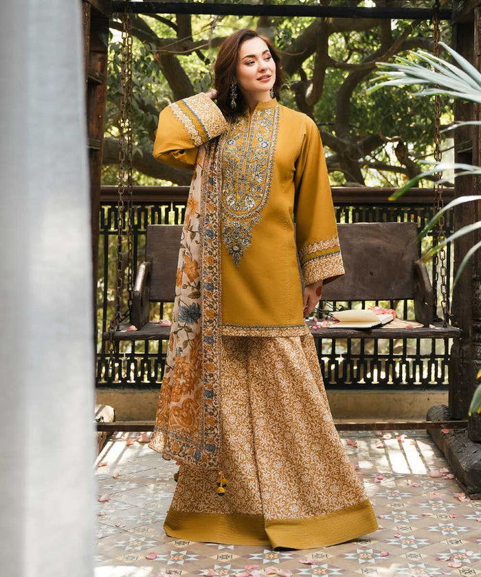 Sapphire-Formal Unstitch 3Pc | Luxury Lawn | Embroidered Work | Mustard