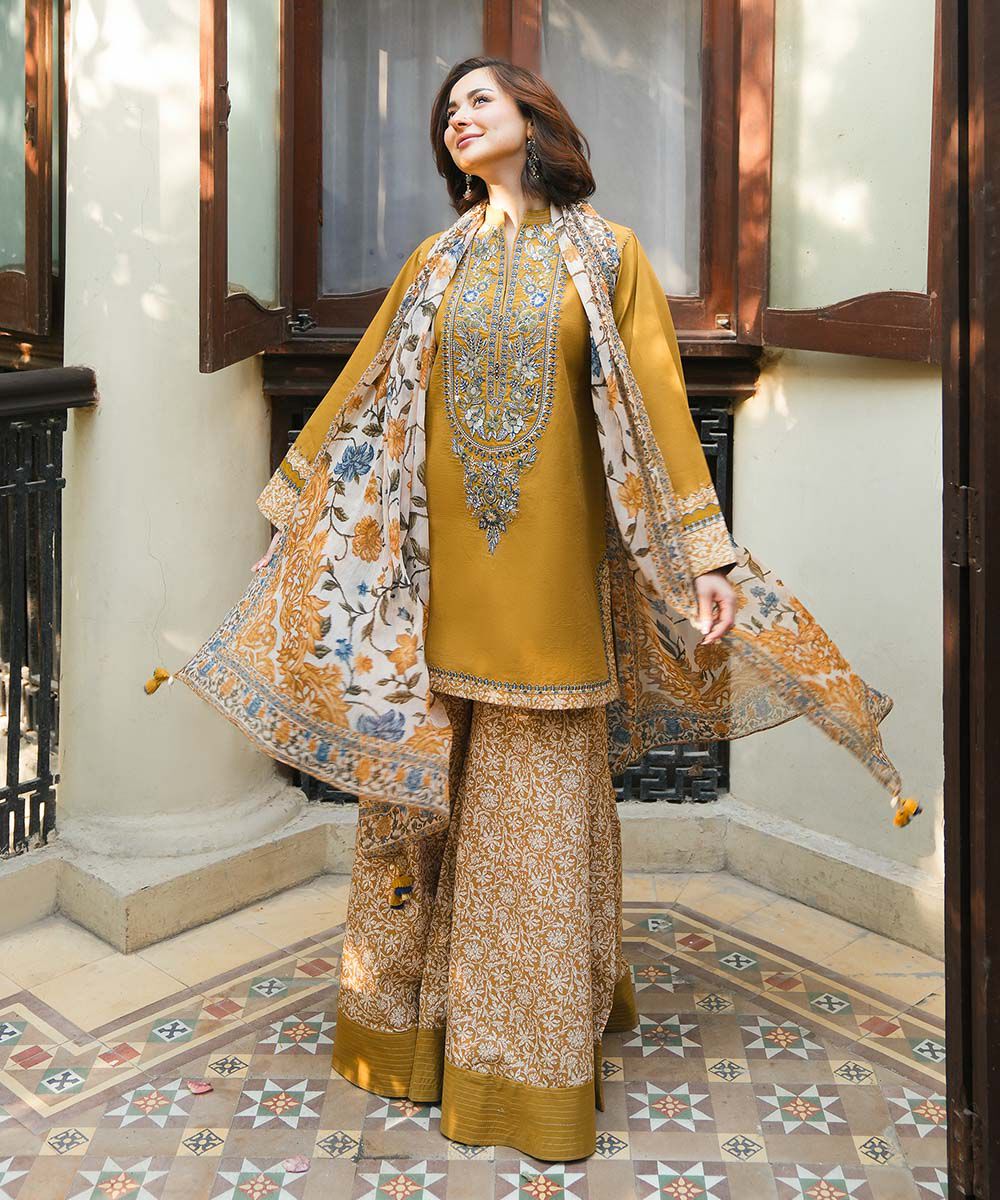 Sapphire-Formal Unstitch 3Pc | Luxury Lawn | Embroidered Work | Mustard