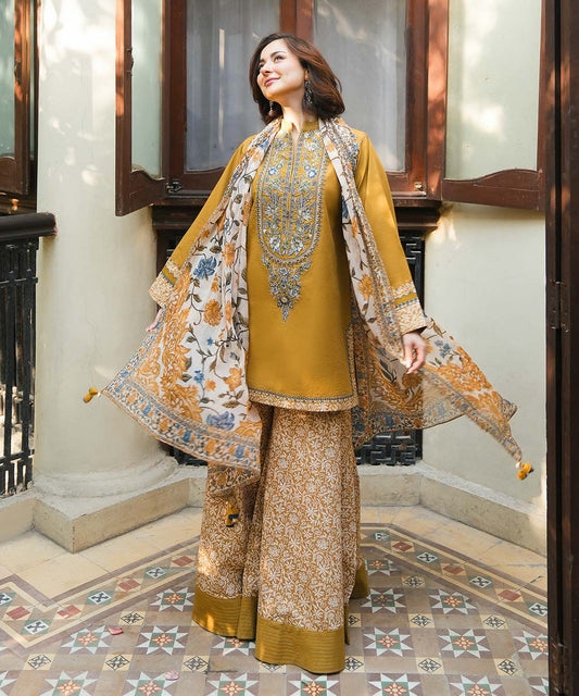 Sapphire-Formal Unstitch 3Pc | Luxury Lawn | Embroidered Work | Mustard