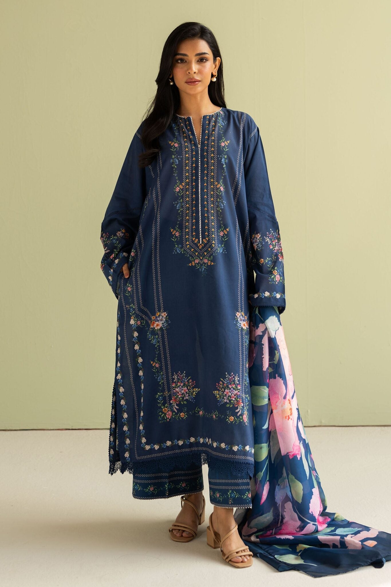 Zarashahjahan-Unstitch 3Pc | Premium Luxury Lawn | Summer Season | Lovely Navy Blue