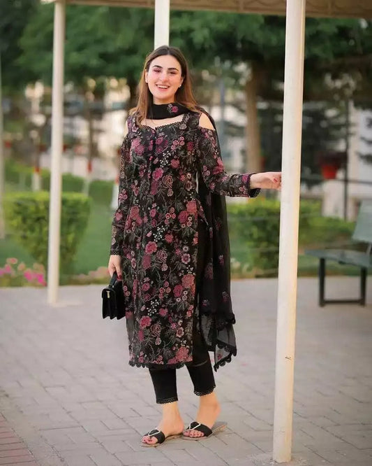 Bareeze - 3pc Unstitched Lawn Embroidered Black Dress