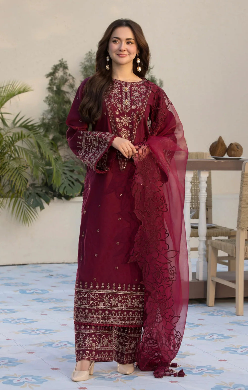 Allys - 3Pc Embroidered Lawn Dress With Organza Embroidered Dupatta